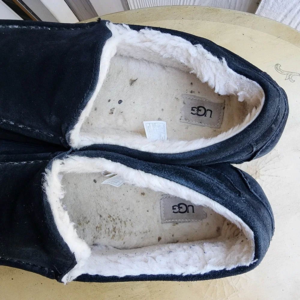 UGG Ascot Suede Slippers Plush Wool Sz 16 Loafers Black Driving Cozy Warm Soft